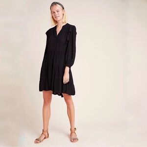 Anthropologie Amadi Rossi Ruffled Tunic Dress in Black 3/4 Sleeves